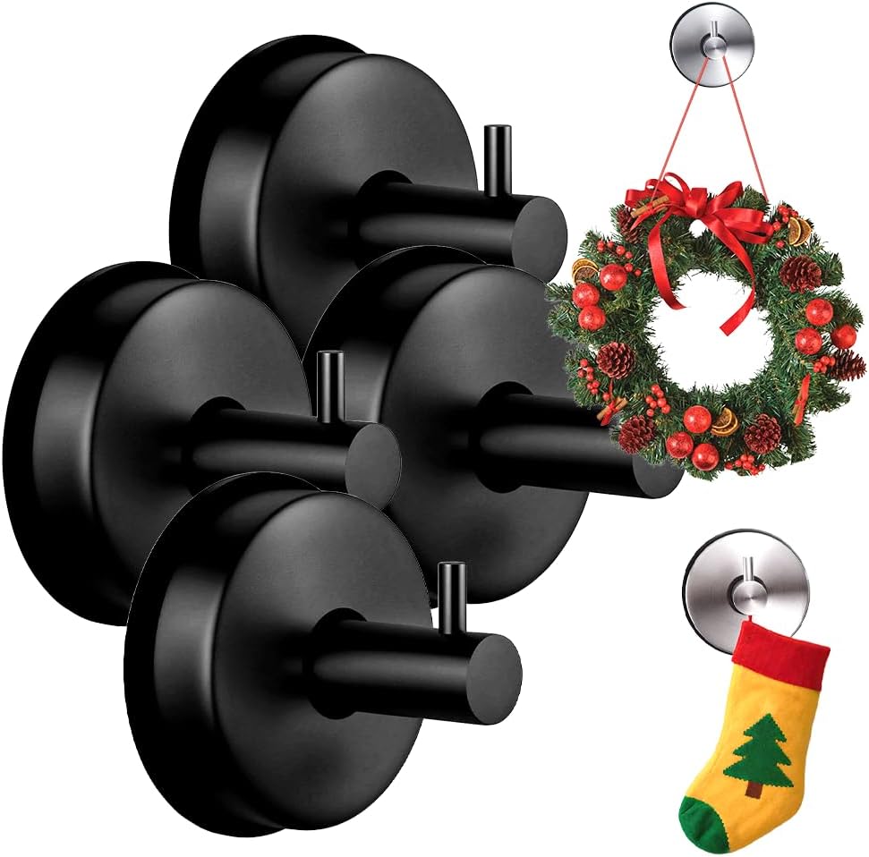 Suction Cup Hooks for Door Wreaths on Glass Suction Cup Hooks for Shower,2025 Wreath Hangers for Front Doors,No Drill Holder Hanging Towels for Window Mirrors Christmas (Black, 4pcs)