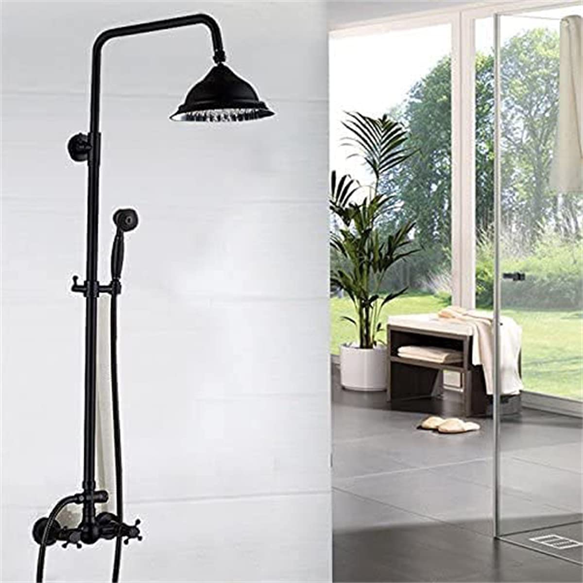 Robinet mélangeur 3 fonctions et douche effet pluie rétro noire avec flexible haute pression