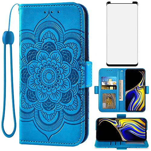 Asuwish Compatible With Samsung Galaxy Note 9 Wallet Case And Tempered Glass Screen Protector Flip Cover Card Holder Cell Accessories Phone Cases For Galaxies Note9 Gaxaly Glaxay Not S9 Women Men Blue #TOP25