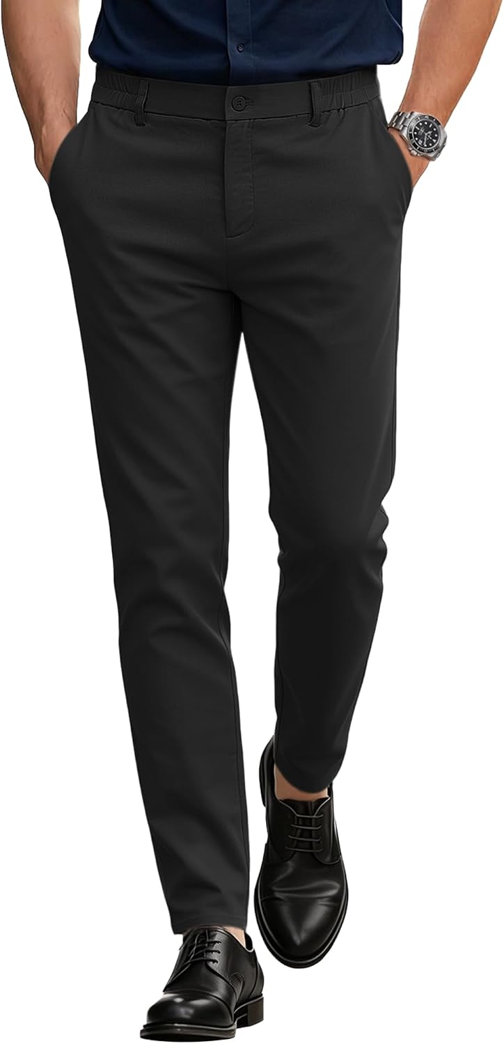 Men's Stretch Dress Pants Slim Fit Skinny Chino Slacks Business Casual Wrinkle Free Tapered Trousers