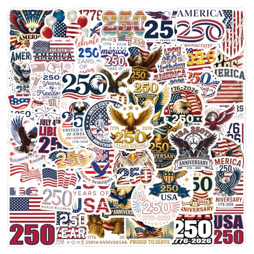 Image of 110PCS 250 Anniversary USA Stickers, America 250 Patriotic Vinyl Decals Set, 250th Anniversary Stickers for Laptop, Cooler, Car, Tumbler, USA 250th Anniversary Merchandise & Party Favors