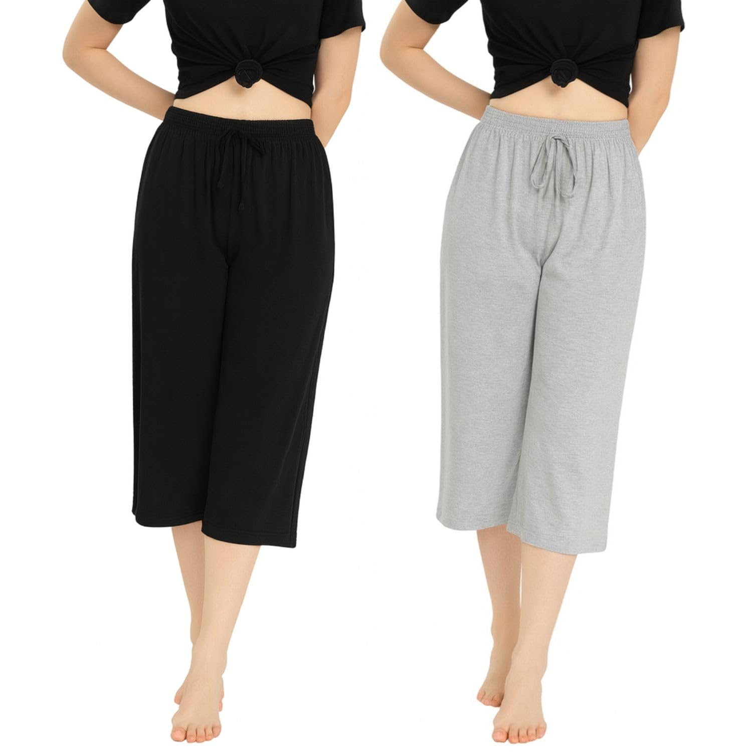 Women's Mid Waisted Capri Pants Casual Wide Leg Yoga Pants Loose Soft Pajama Pant (Pack Of 2)-picture-37