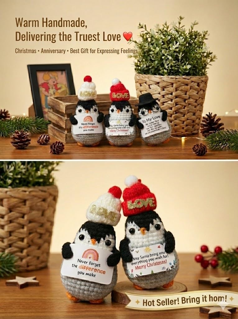 Loving Adorable Black White Crochet Penguin Plush with Hat, Handmade Emotional Support Gift, Cute Tiny Desk Decor for Stocking Stuffer, Hand Made Gift Idea