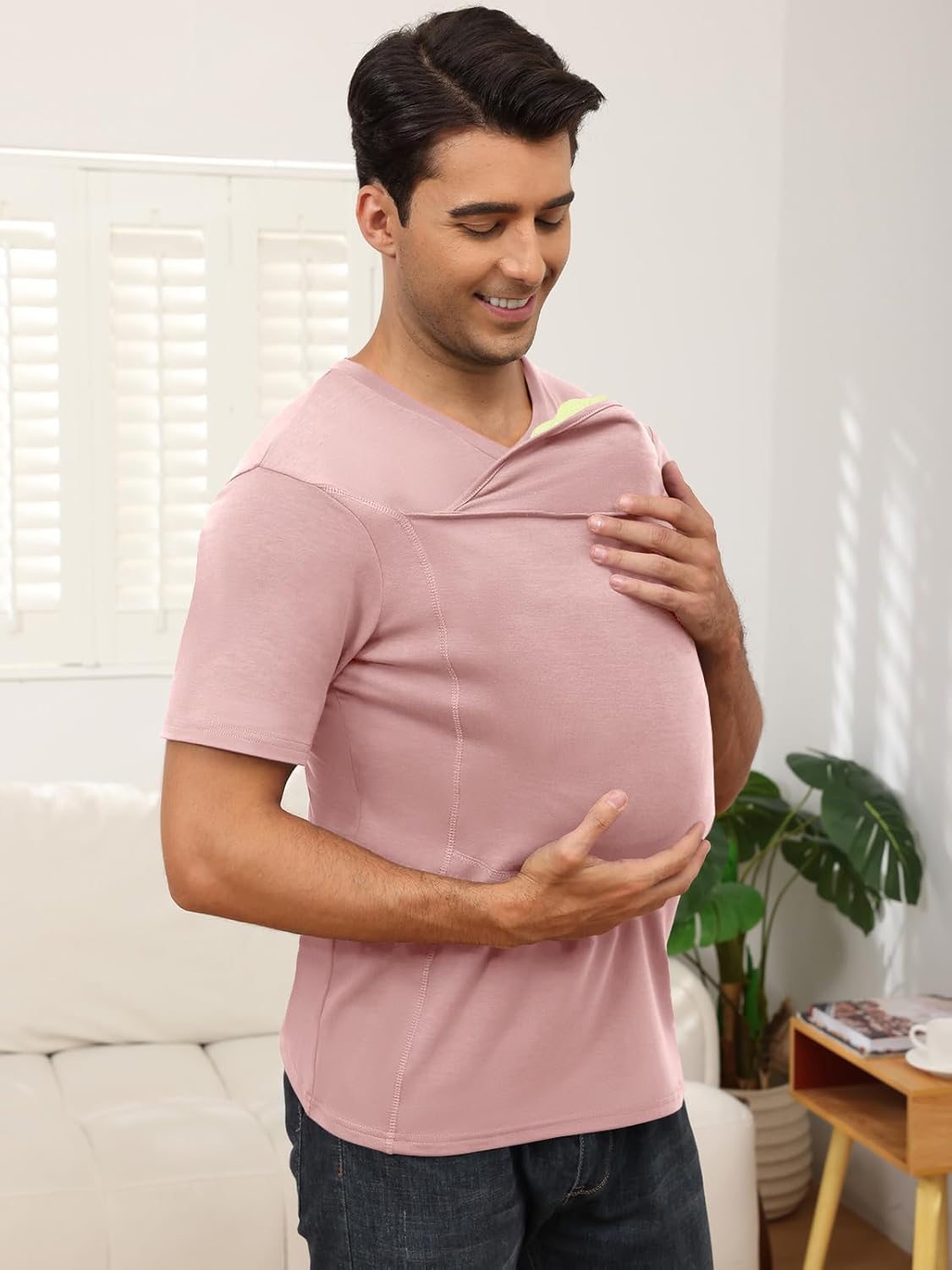 ThusFar Mens Baby Carrier Shirt Dad Shirt for Men Short Sleeve Baby Wearing T-Shirt V Neck Pocket Tee Shirts