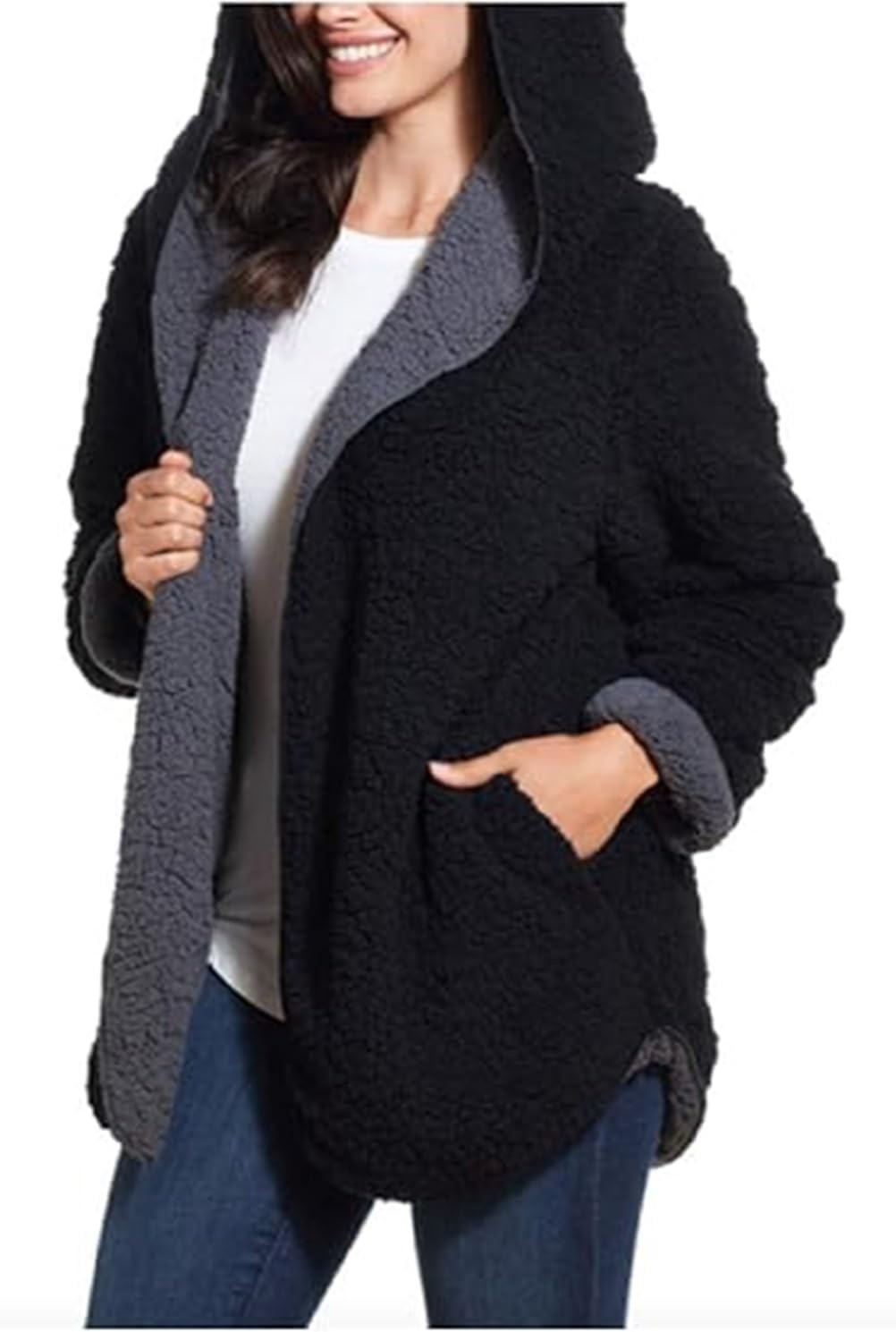 Weatherproof Ladies' Reversible Cozy Sherpa Hooded Jacket (Black/Charcoal, Medium)