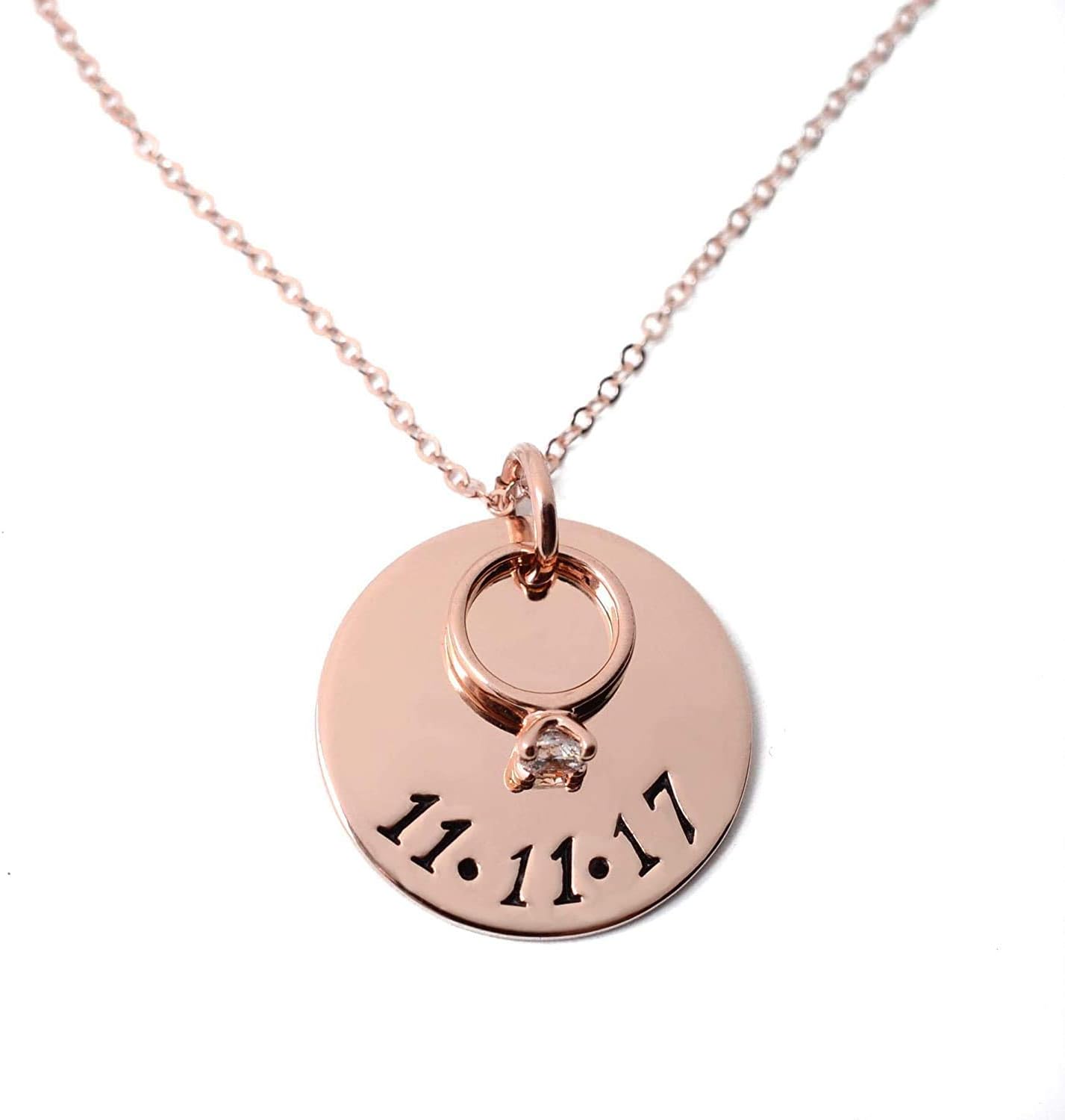 Anniversary Date Personalized Necklace, Wedding Ring Charm Necklace, 14K Rose Gold Filled
