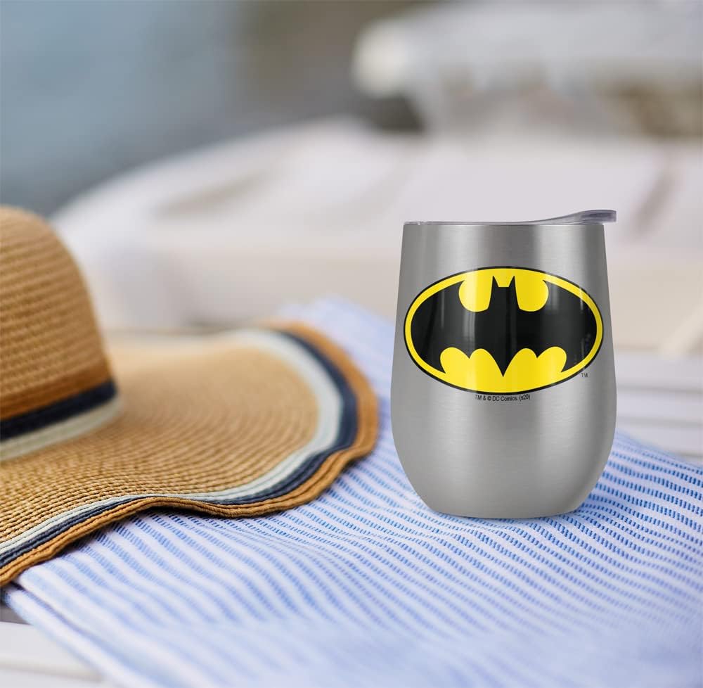 Batman - Logo OFFICIAL Batman Classic Logo 12 OZ Stemless Wine Tumbler, Stainless Steel Travel Cup|Lake Tumbler|Insulated with Leak Resistant Slide-Lock Lid, Stainless Steel