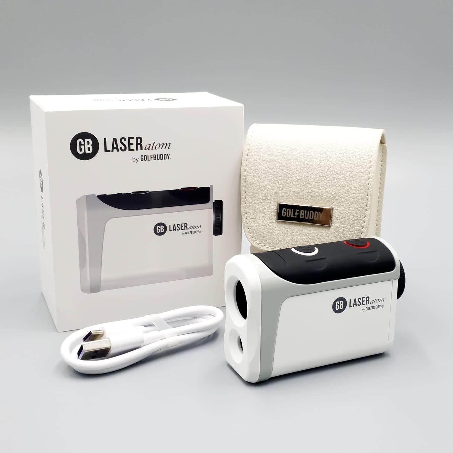 GOLFBUDDY Laser Atom, Sleeker Compact Design, Rechargeable Laser Rangefinder, Luxurious Leather Magnetic Case, Pin Finder with Vibration, 880 Yard Range Finder, Slope Adjusted Distance