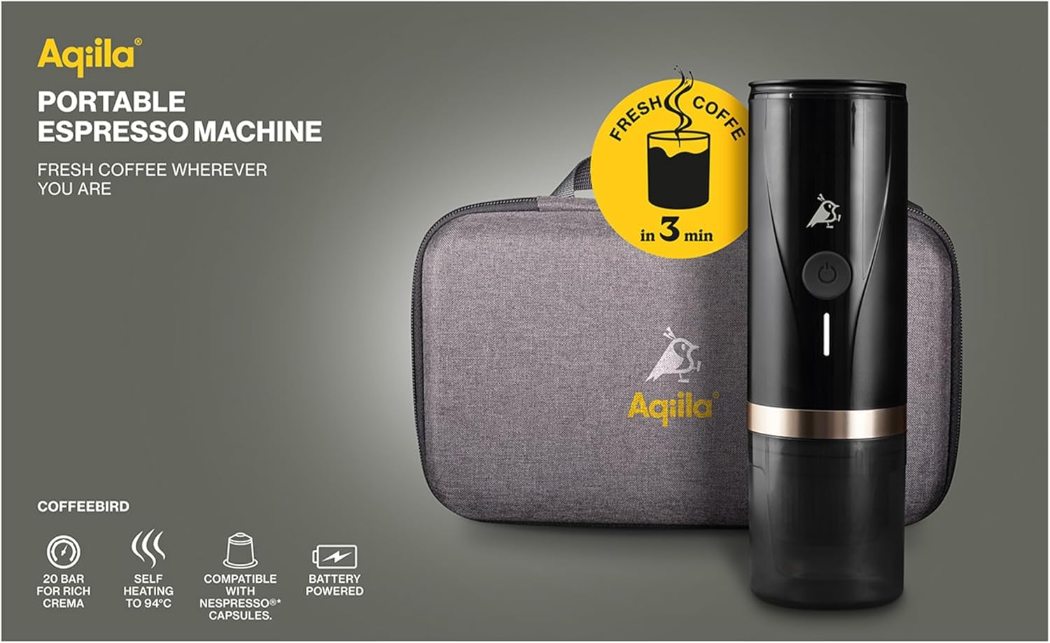 Macchina da Caffè Espresso Portatile 20 Bar – Riscaldamento Automatico in 4 Minuti – Batteria USB‑C 7500 mAh – Compatibile con Capsule e Caffè Macinato – Ideale per Viaggi, Ufficio, Campeggio