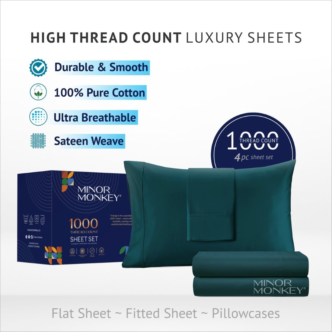 100% Egyptian Cotton Queen Size Sheets - 4 Piece Bedsheet Set Soft Breathable & Cooling Sheets for Queen Size Bed - Elasticized 16" Deep Pocket Sheet Set (Teal)
