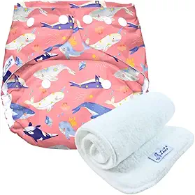 Fralda Ecológica com Absorvente Reutilizável para o Dia a Dia e Praia/Piscina, Tamanho Único 5-18kg, Lavável (Baleias Rosa)