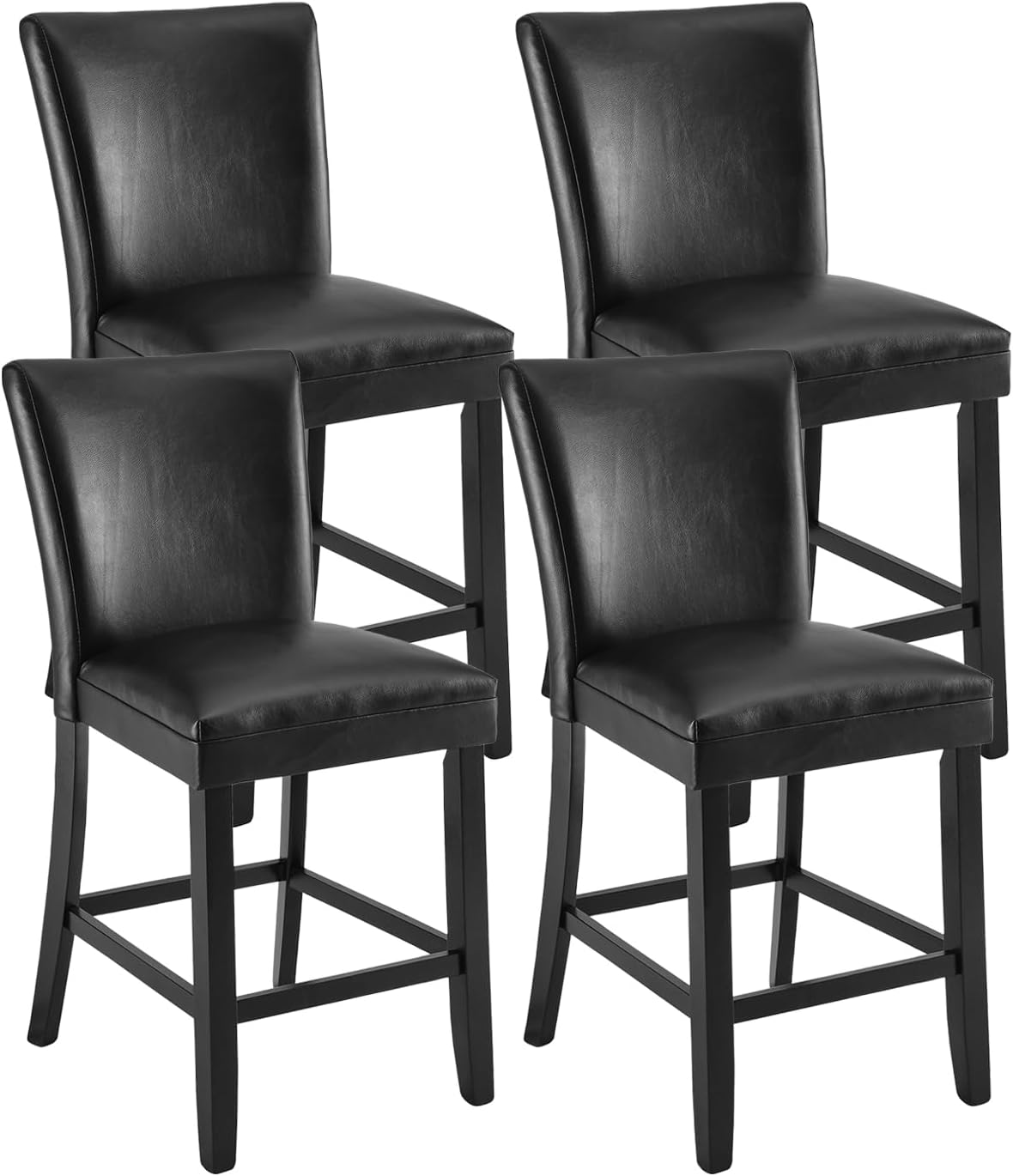 Set of 4 Counter Height Bar Stools – Black Faux Leather with Back, Solid Wood Legs, 25.6" Seat, Perfect for Kitchen Island or Home Bar