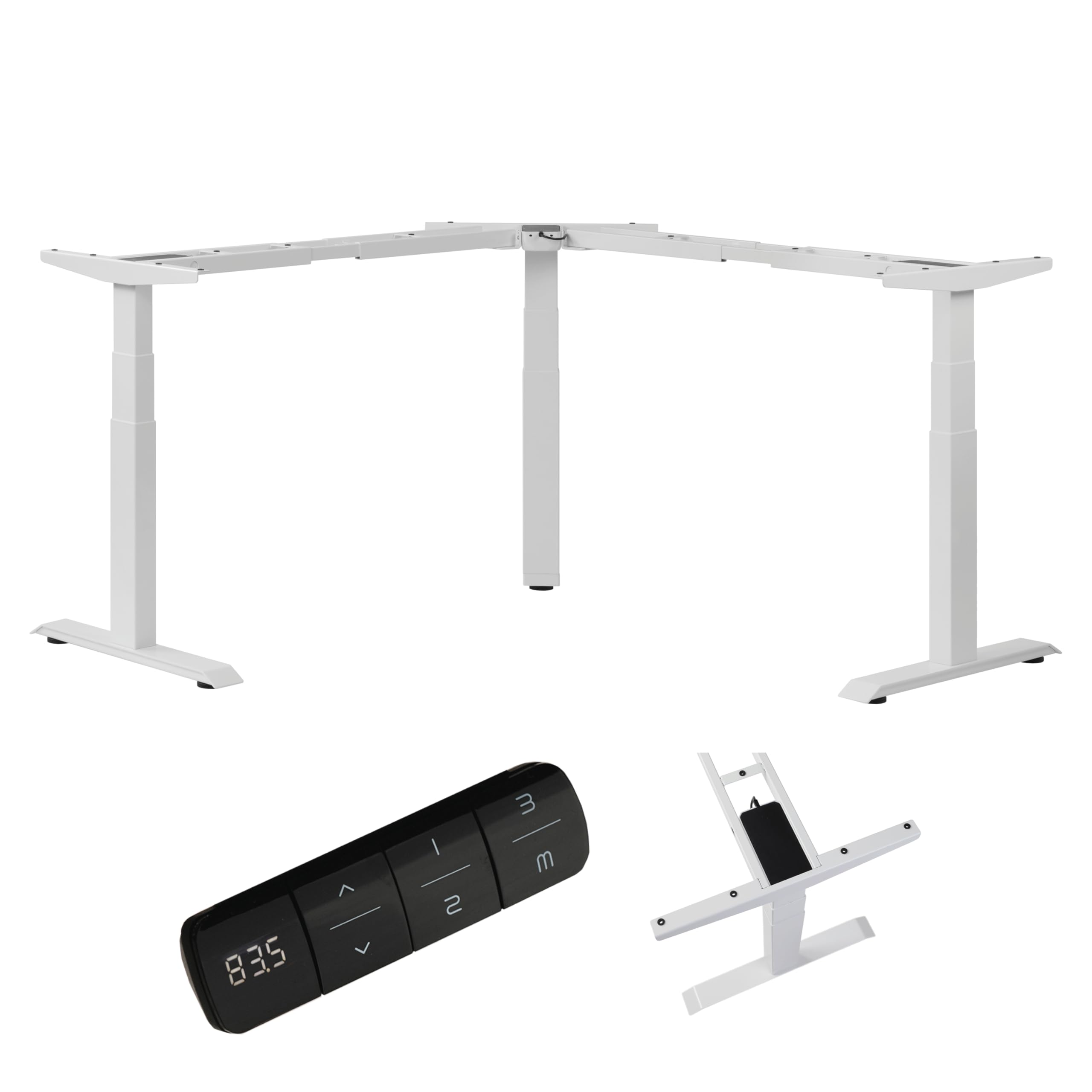 boho office® Höhenverstellbarer Schreibtisch Gestell - Elektrisch stufenlos, Eckschreibtisch mit 3 Motoren 50 mm/Sek, 3-Fach Teleskop, stabil, Memoryfunktion, Kollisionsschutz - Basic Line 90 Weiß