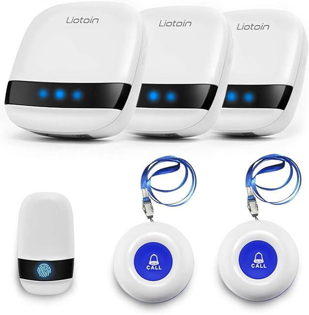 LIOTOIN Wireless Caregiver Pager Elderly Alarm Call Button Personal Alarm Call Bell For Home/Elderly/Patient/Disabled/Nurse 3 Transmitters 3 Plugin Receivers (600+ft Operating Range)