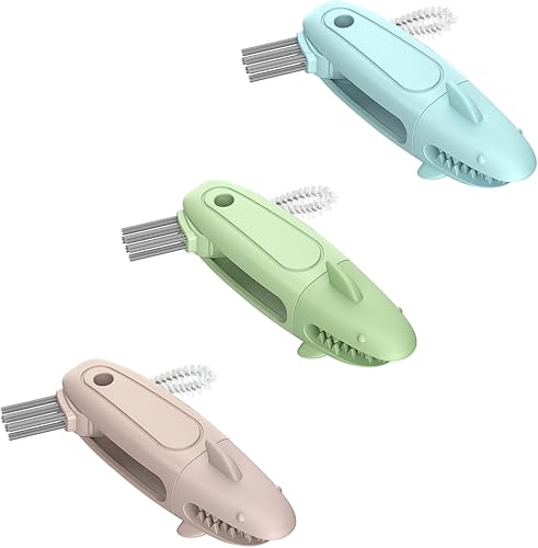 SharkBrush - Juego de cepillos de limpieza 3 en 1 para tapa de taza, 3 piezas, cepillo limpiador de huecos de botella, cepillo de silicona para tapa