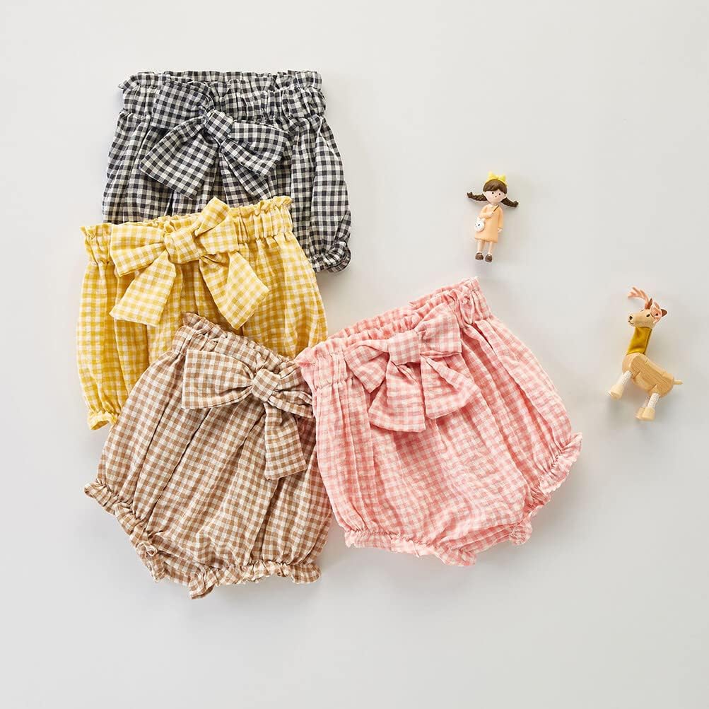 HAOLUKI Toddler Baby Girls Plaid Bloomers High Waist Ruffle Bow Tie Diaper Cover Loose Harem Shorts