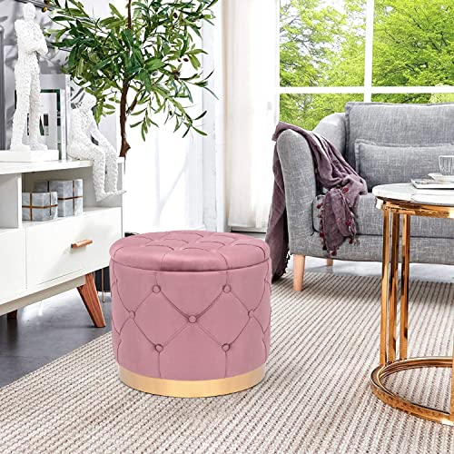 Adeco Round Storage Ottoman, Velvet Button Tufted Upholstered Bench With Removable Lid, Coffee Table Footrest Stool Seat For Living Room Bedroom Entryway (Pink) #TOP1