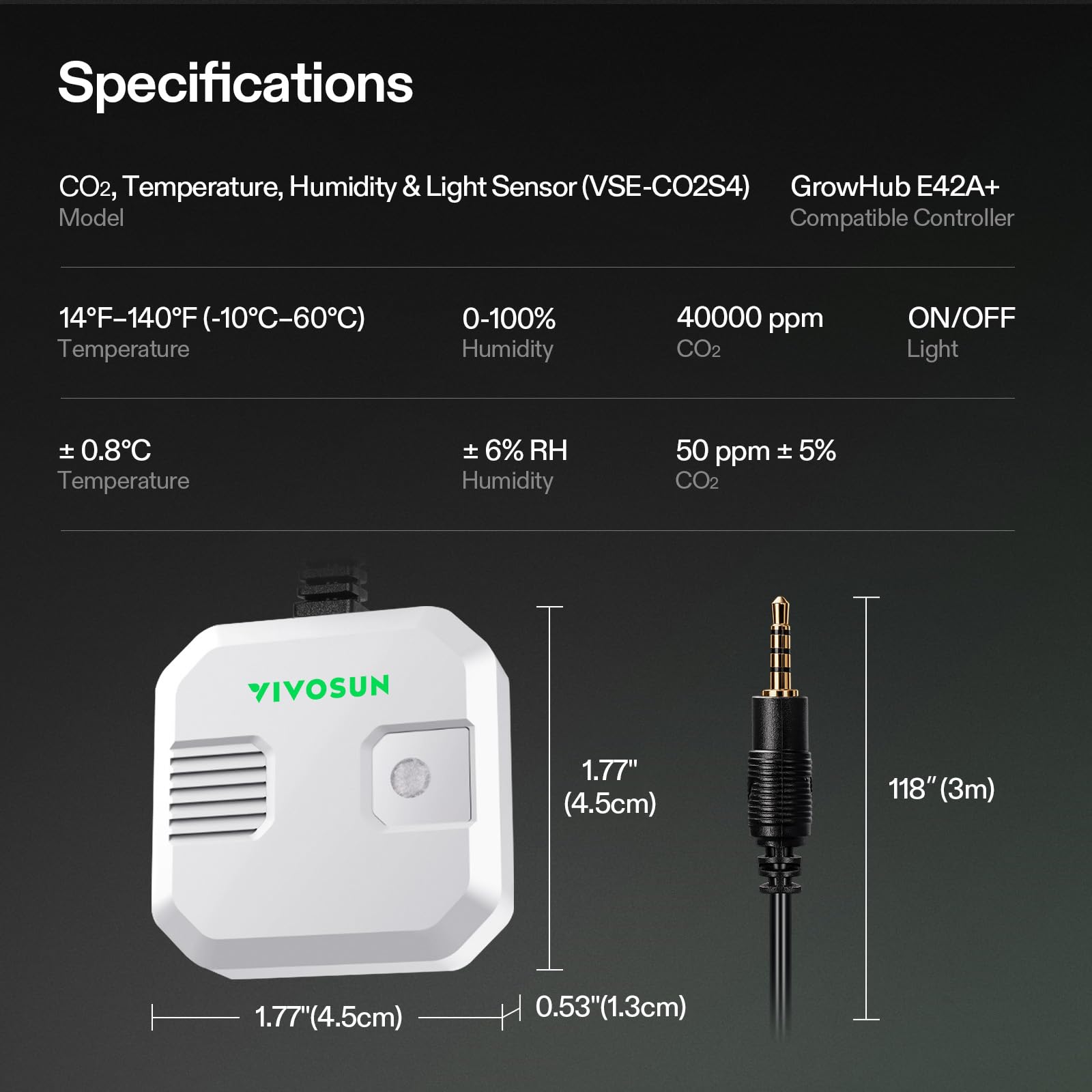 VIVOSUN Sensor 4 en 1 de Temperatura y Humedad con Medición de CO₂ y Luz, Monitorización VPD, Alta Precisión, Compatible con GrowHub E42A+, para Cultivo Indoor y Armarios de Cultivo | Supervisión VPD, alta precisión, compatible con GrowHub E42A+ para carp