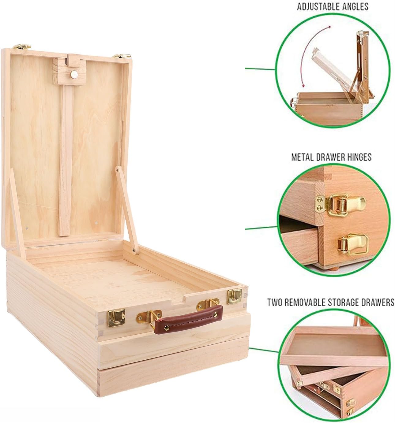 Sorandy Wooden Pochade Box with 2 Drawers, Portable Pine Wood Storage Box for Artists, Adjustable Tabletop Art Easel Storage for 24 Inch Canvas Painting Sketching