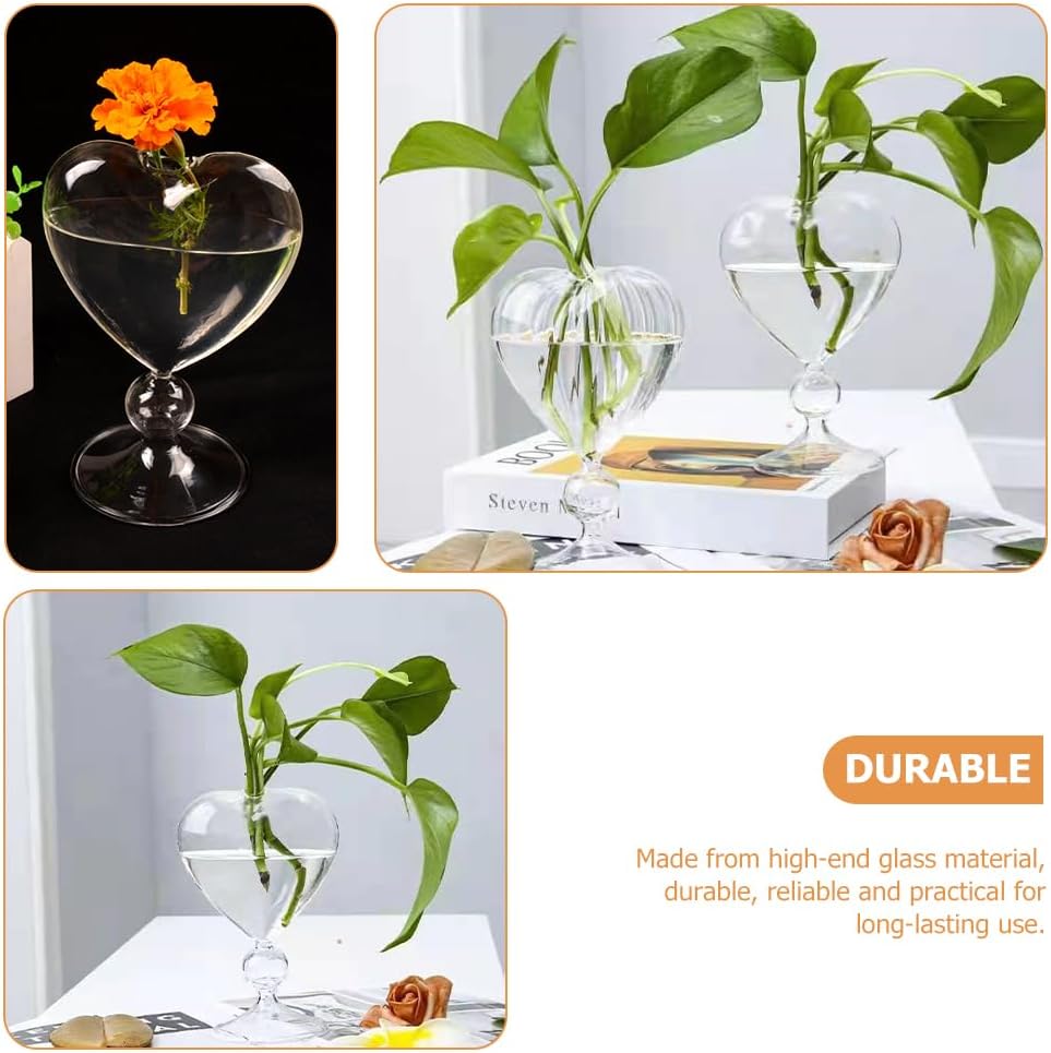 Heart Shaped Glass Vase 6.3 Inch Transparent Hydroponic Flower Arrangement Container for Home Office Garden Decor