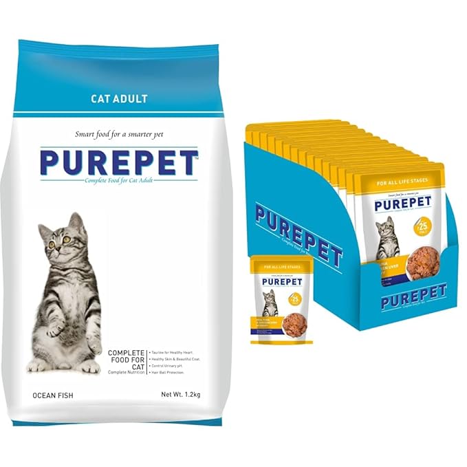 Purepet Adult(+1 Year) Dry Cat Food, Ocean Fish, 1.2kg & Wet Cat Food