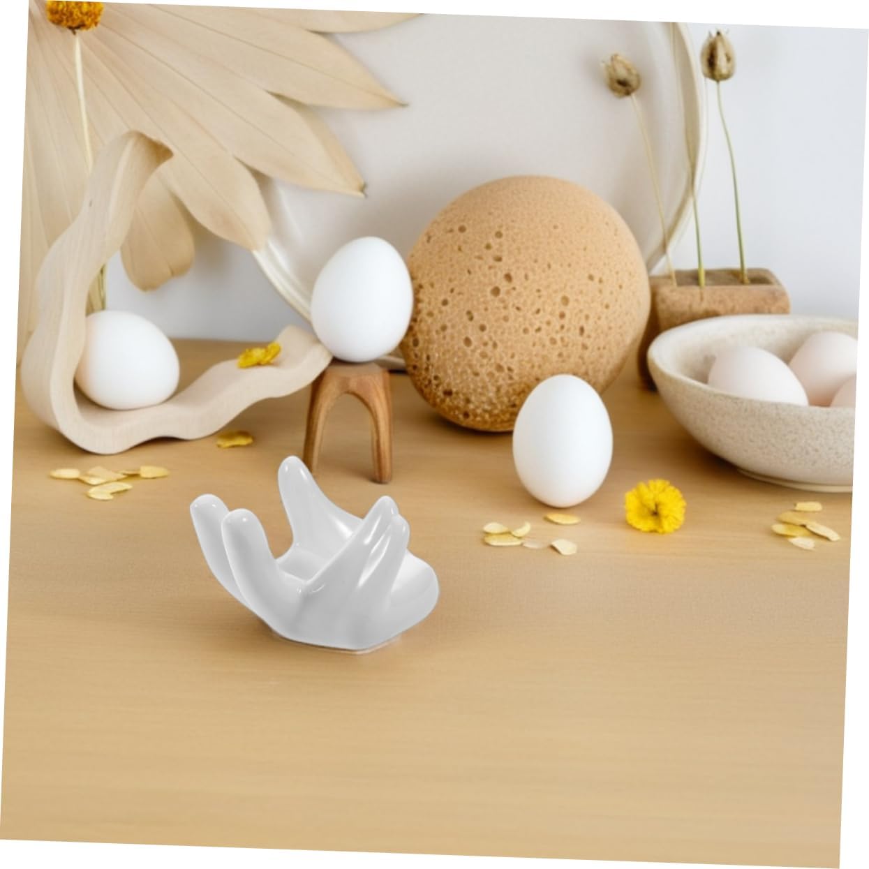 Unomor 6Pcs Hand Shaped Ceramic Egg Cup Holder Porcelain Stand for Hard Boiled Easter Eggs Unique Kitchen Decor Creative Display Easy to Clean Egg Rack