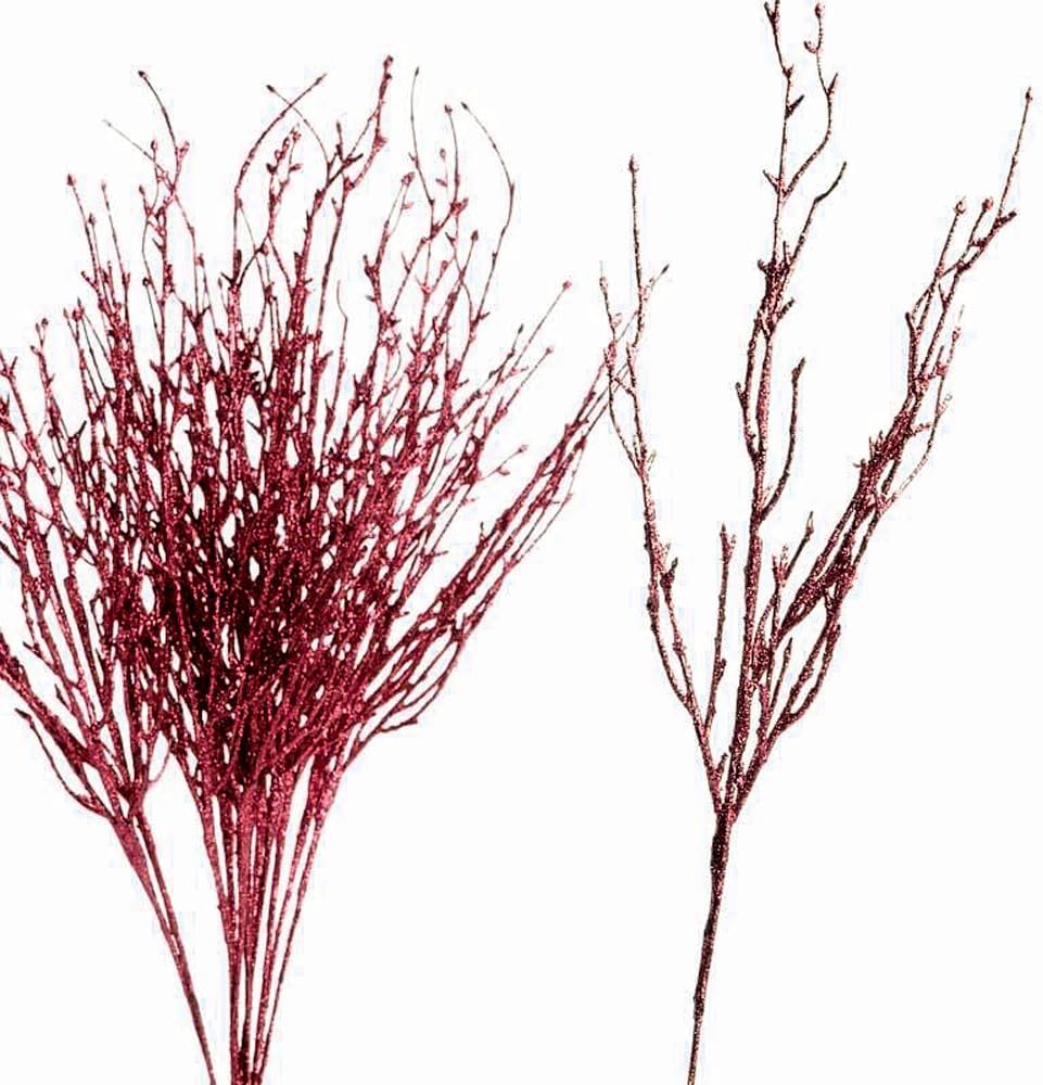 Factory Direct Craft Pack of 12 Red Glittery Artificial Twig Branches Red Glitter Covered Stems for Christmas Holiday Decorations Centerpieces Christmas Trees and Floral Arrangements