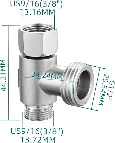 Miniatura 4 de 2 adaptadores en T de 3 vías 38" x 12" válvula de tope angular de acero inoxidable para inodoro, níquel cepillado, SBA020B-2