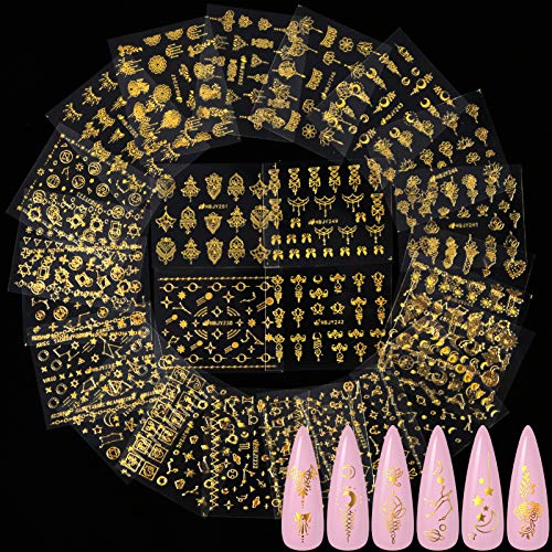 24 Pcs Gold Flowers Universe Nail Art Sticker, KISSBUTY Gold Flowers Stars Moon Nail Decals Thin Gummed Flowers Nail Adhesive Stickers Gold Constellation Starry Sky Nail Art Decor