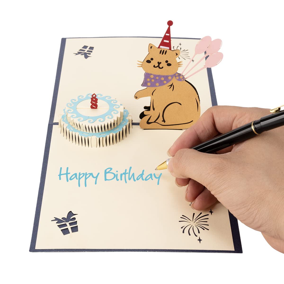 Createreedo 3D Pop-Up Geburtstagskarte – Mit Süßer Katze & Kuchen, Handgefertigt, 14x15 Cm, Inkl. Umschlag