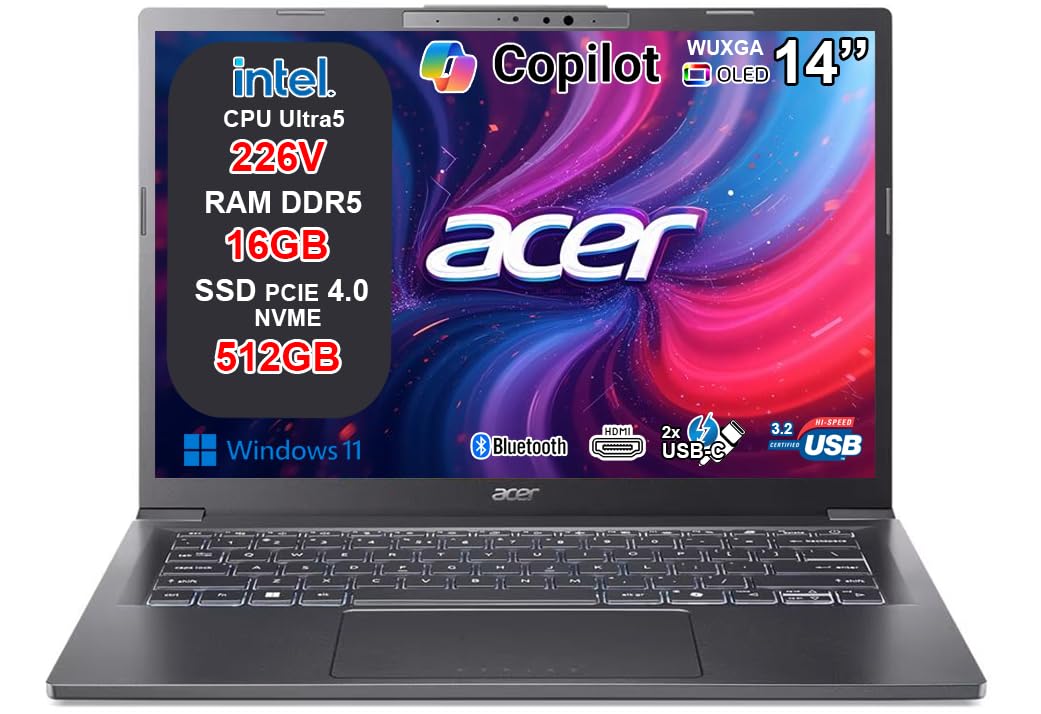 Acer Aspire 14 AI Notebook Intel Core Ultra 5 226V, 16GB RAM DDR5, 512GB SSD, 14” OLED WUXGA, Intel Arc, Copilot+ PC, WiFi 6E, BT 5.3, Thunderbolt 4, Tastiera Retroilluminata, Windows 11