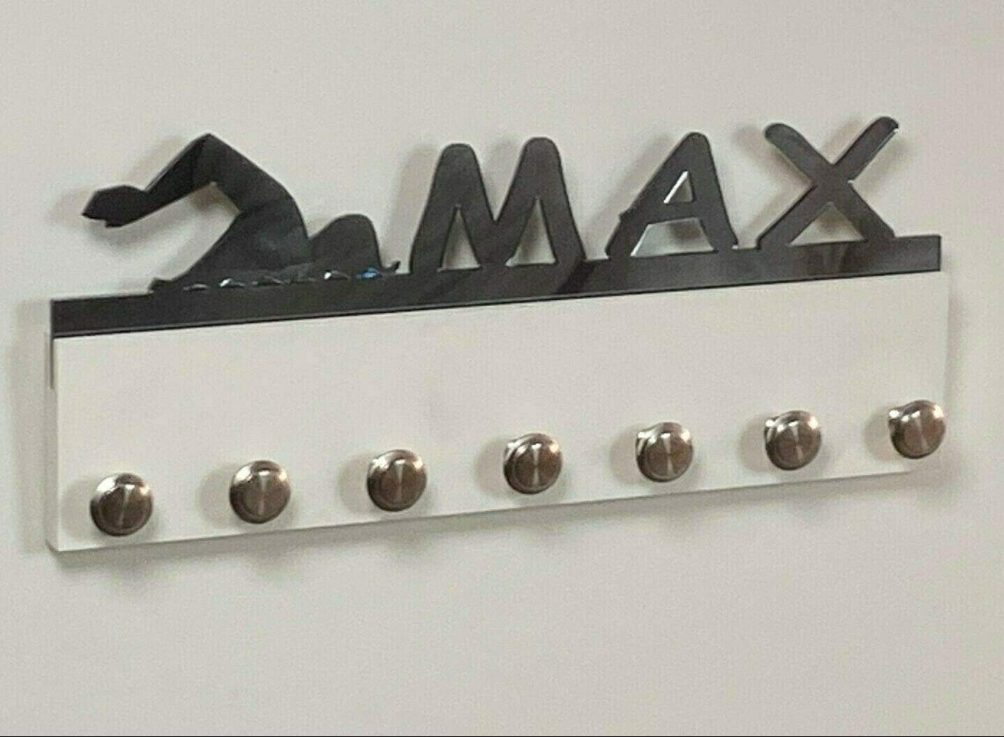 Custom Personalized Name Medal Holder, Swimming Swimmer Swim Racing Display Hanger Rack with Hooks for 60+ Medals, Ribbons, Sports 16'' Wide Awards, One Of A Kind Made To Order With Your Name On It