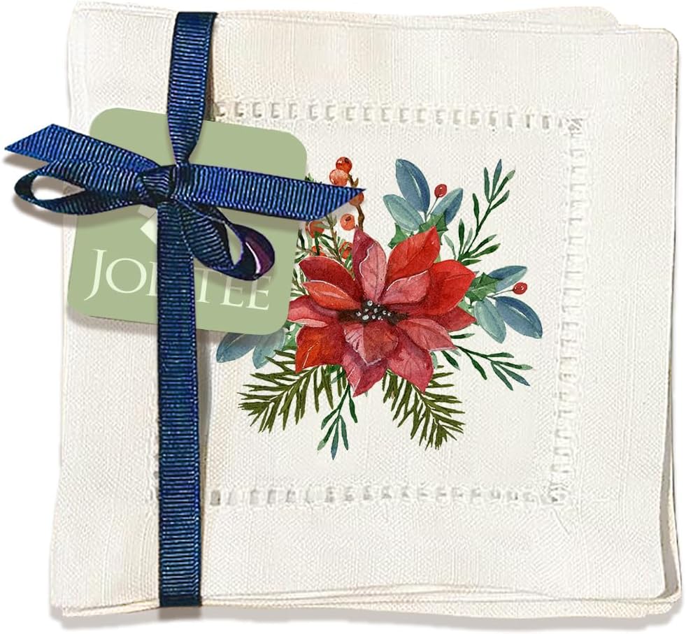 Jolitee Decorative Hemstitch Cocktail Napkins, 6"x6" Washable Linen-Like Cloth Napkins, Handmade for Entertaining and Everyday Use (Poinsettia)