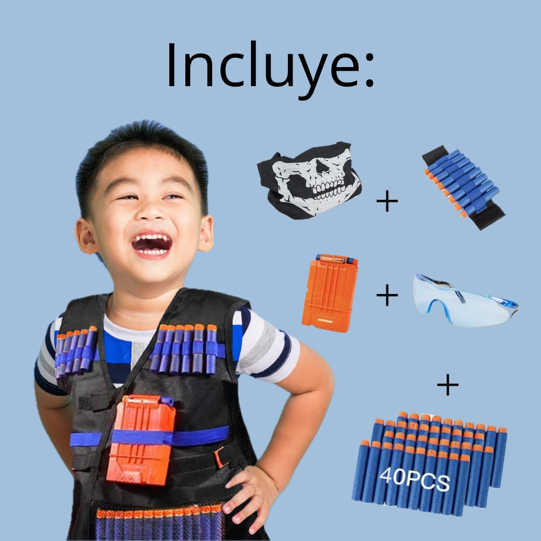 Kit Completo de 45Pcs para Strike Elite – Chaleco Táctico Ajustable para Niños + 40 Dardos, Máscara Protección, Gafas Seguridad, Cargador Rápido y Muñequera – Compatible pistolas N.E.R.F