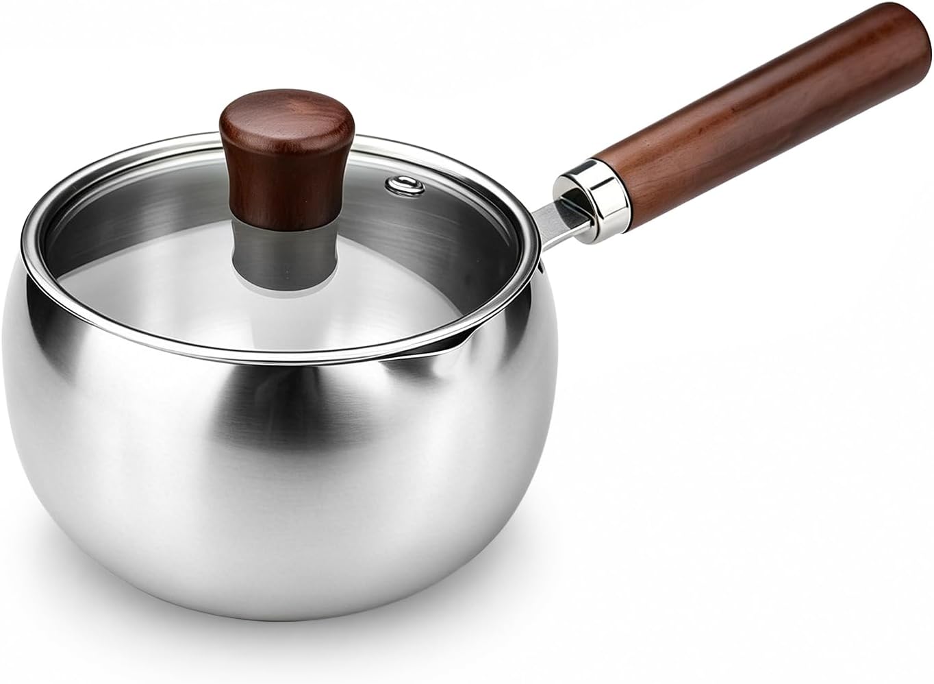 Small Stainless Steel Pot with Wooden Handle & Pour Spout & Lid, Coffee & Milk Warmer Pot, Butter Warmer Pan for Heating Sauces Coffee Oil Seafood Melting Chocolate Frying Eggs