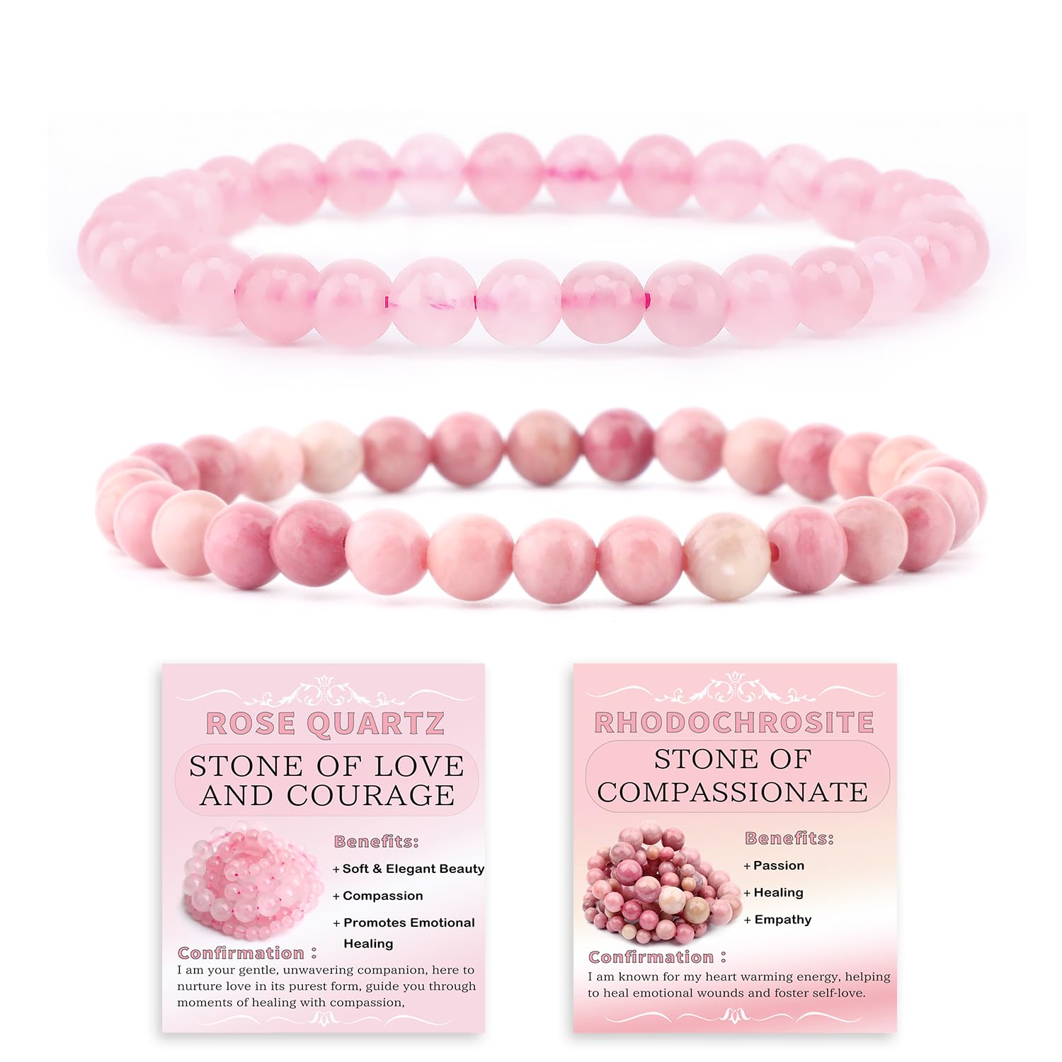 NCB Natural Crystal Gemstone Stretch Bracelets (6mm Pink Quartz, Rhodochrosite) | Handmade Reiki Healing Jewelry for Meditation, Yoga - main product image