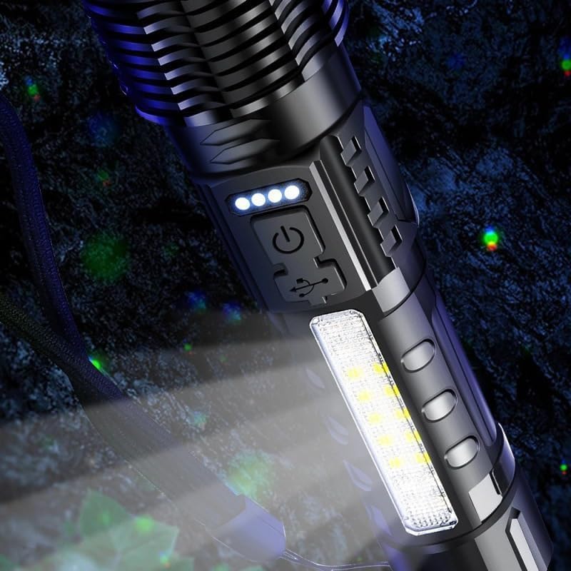 Close-up of the flashlight's control panel with charging port and indicator lights