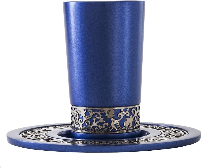 Wine Goblet Anodized Aluminum Decorated with Lace Designed by Artist Yair Emanuel (Blue Cup with Silver Lace)