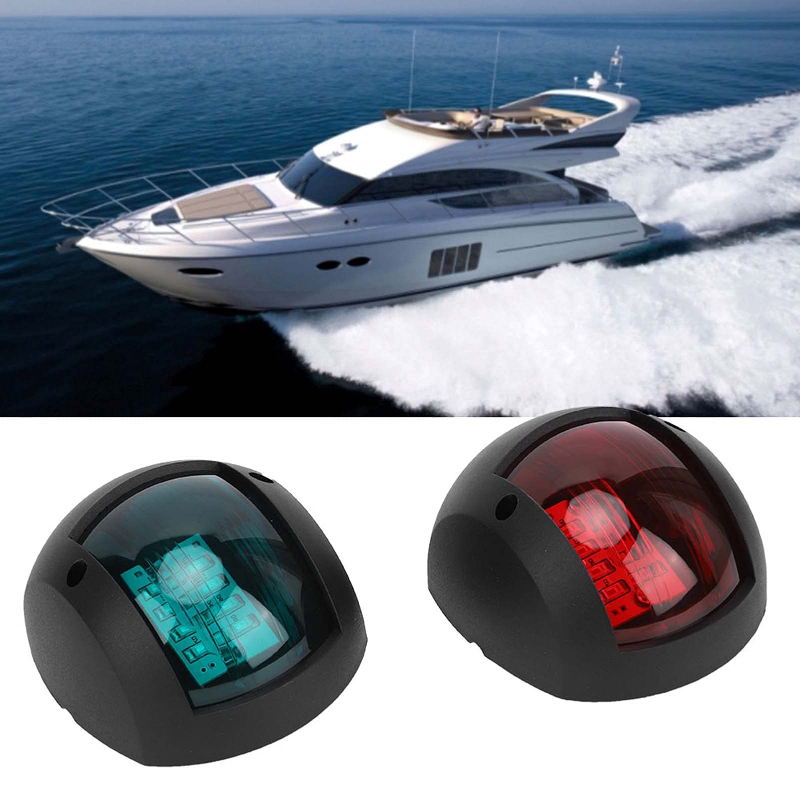 Coppia di luci per Barche Lampada di Segnalazione Sferica LED Verde Rosso Impermeabile Lampada di Navigazione per Barche DC12V-24V 3W per Pesca Notturna(Nero)