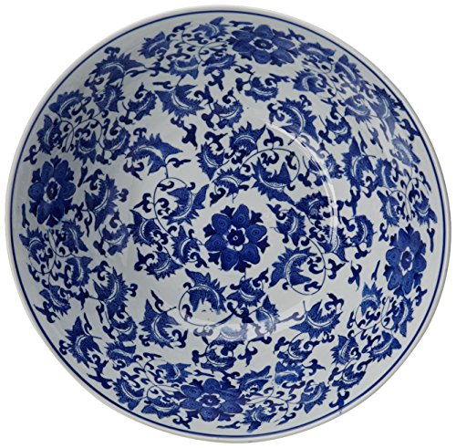 Oriental Furniture 14" Floral Blue & White Porcelain Bowl #TOP1