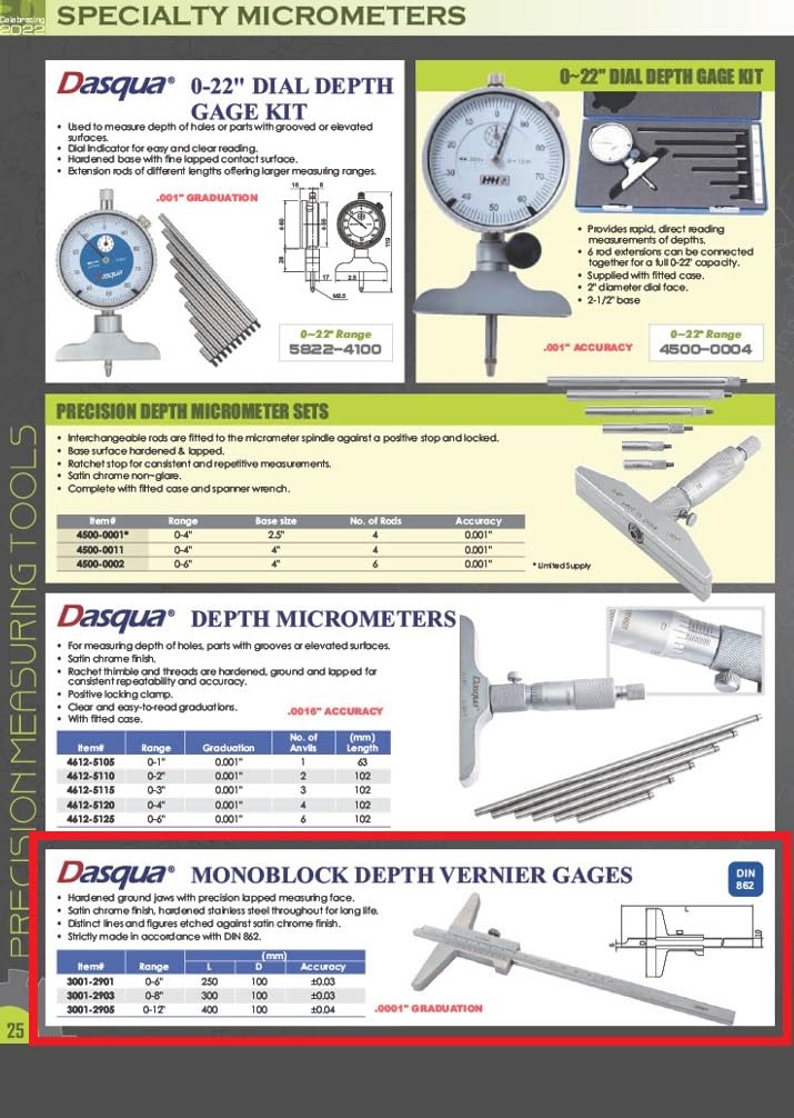Dasqua Medidor Vernier de profundidad monobloque 3001-2905 de 0-12 pulgadas