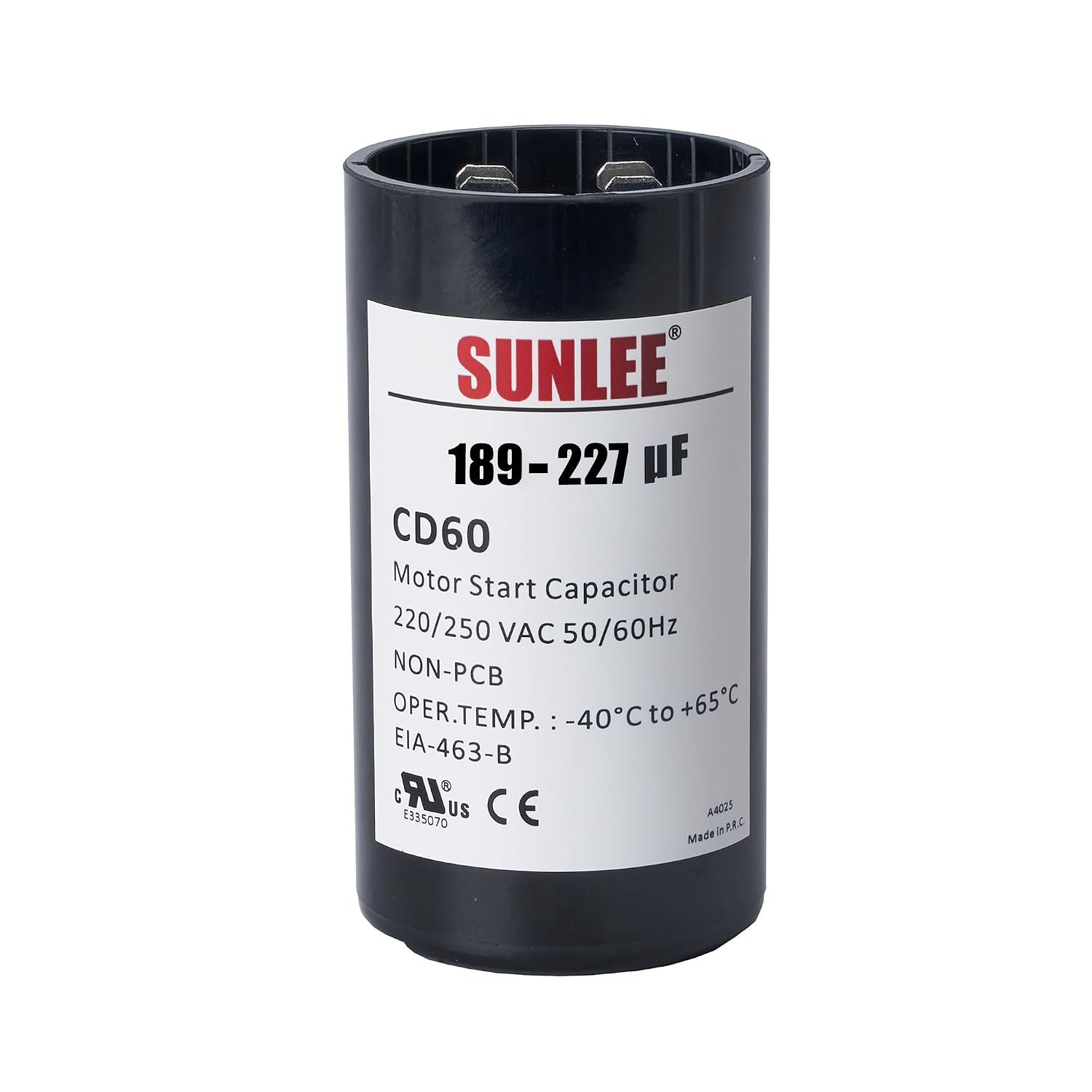 SUNLEE UL Recognized 189–227 uF (MFD) 220-250 VAC CD60 Round Motor Start Capacitor, ±20%, 50/60 Hz, Replacement for Single Phase AC Motor, Pool Pump or Well Pump