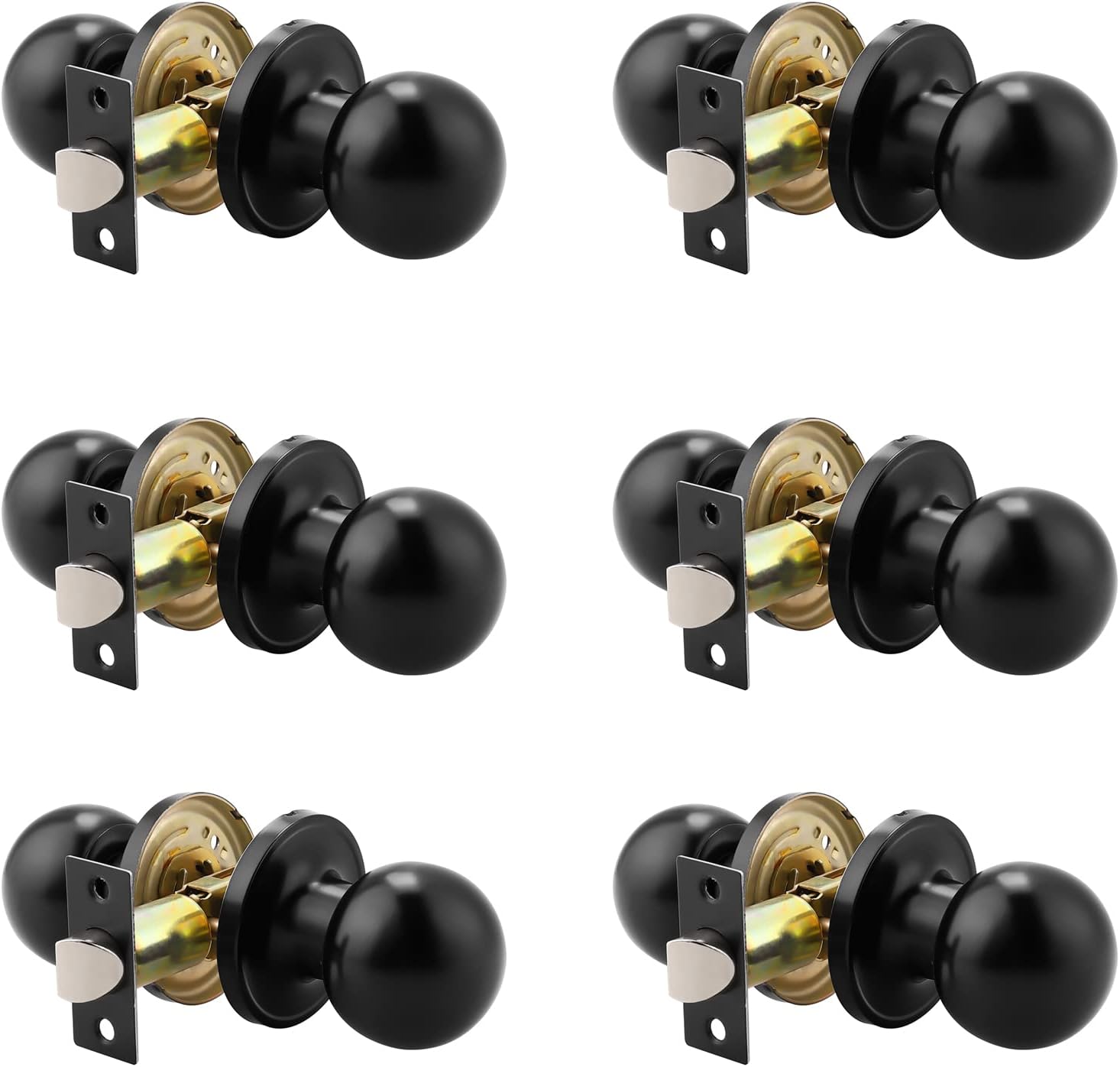 knobelite(6 Pack Hall/Closet Room Round Door Knob,Passage Function for Hall/Closet,Interior Door Door Lock Handle Black Finish, Keyless(Non-Locking Knobs) Interior Door Handles Locks