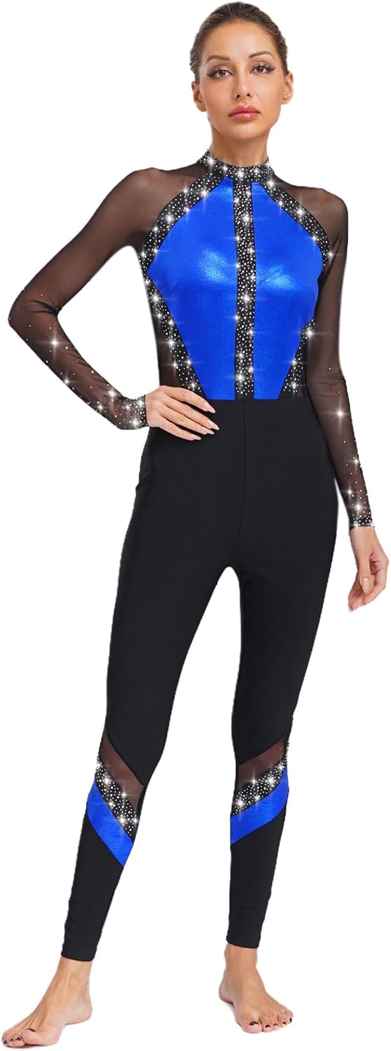 Linjinx Womens Gymnastics Dance Unitard Ballet Leotard Shiny Rhinestones Full Body Figure Skating Jumspuit