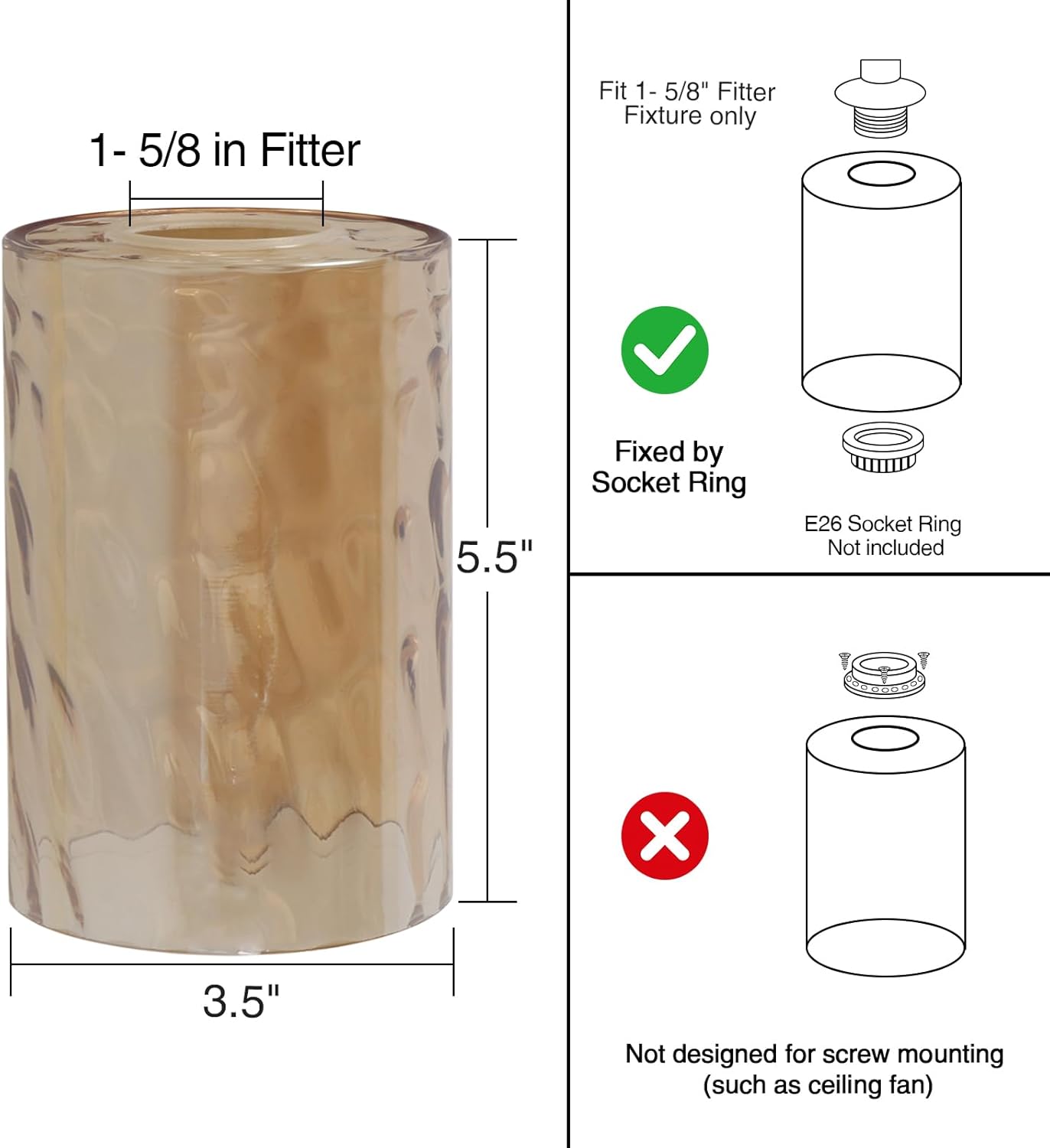 2 pack hammered glass lamp shade, amber colored cylinder light fixture shade replacement, water ripple globe for chandelier, wall sconce, pendant light, 1 5/8 inch fitter