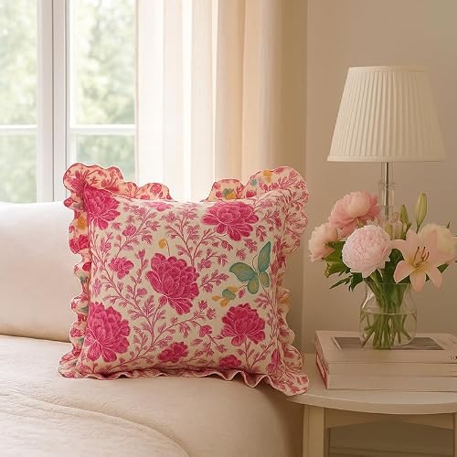 WWW.THROWPILLOW.IN Pink Floral Ruffled Cushion Cover: Vintage Flower Throw Pillow with Frilly Trim - Cottagecore Shabby Chic Decorative Accent in Premium Fabric Large Square Cushion 20x20 Inches