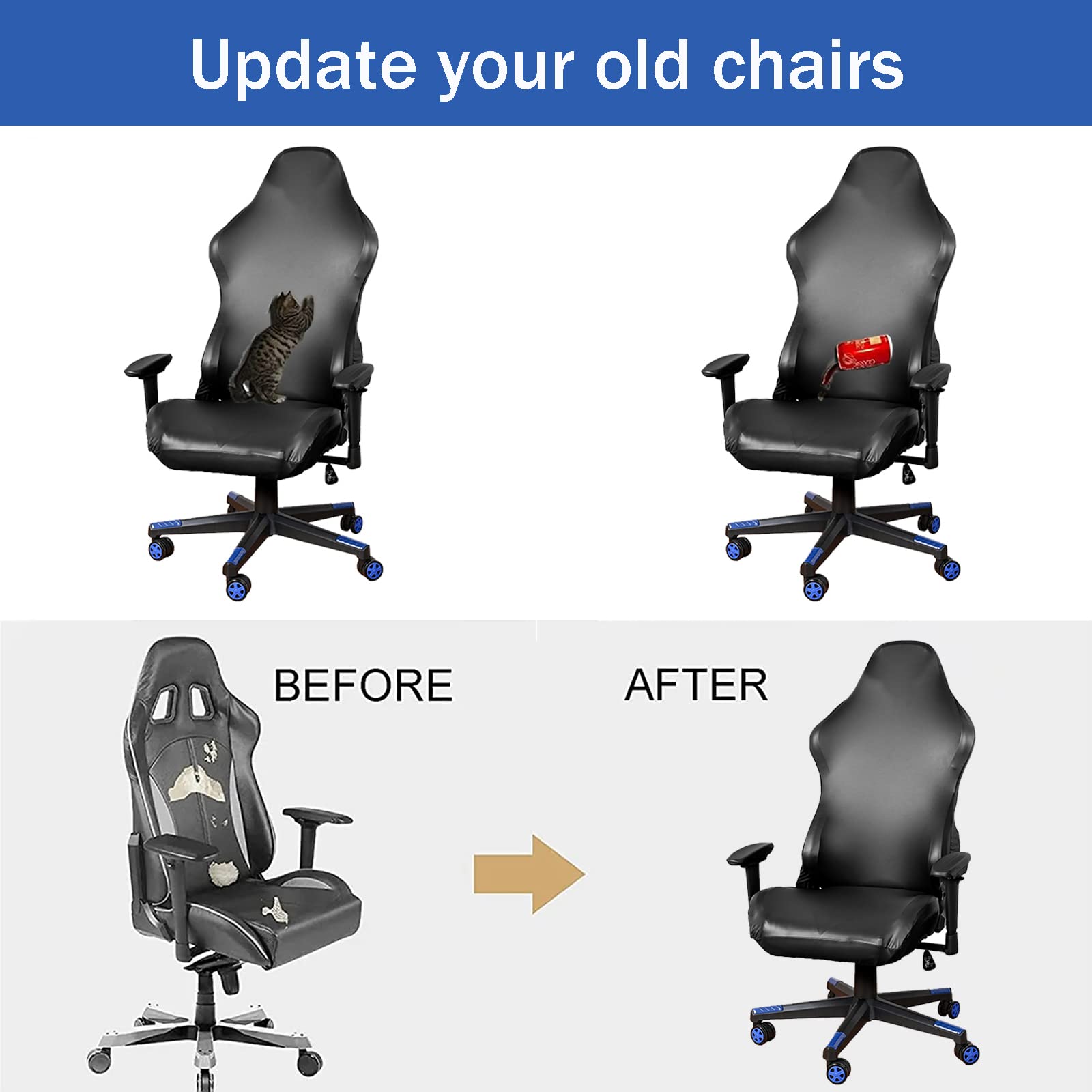 Kit De 4 Housses Extensibles Pour Chaise Gaming/bureau - Avec Housse Pour écouteurs - Noir