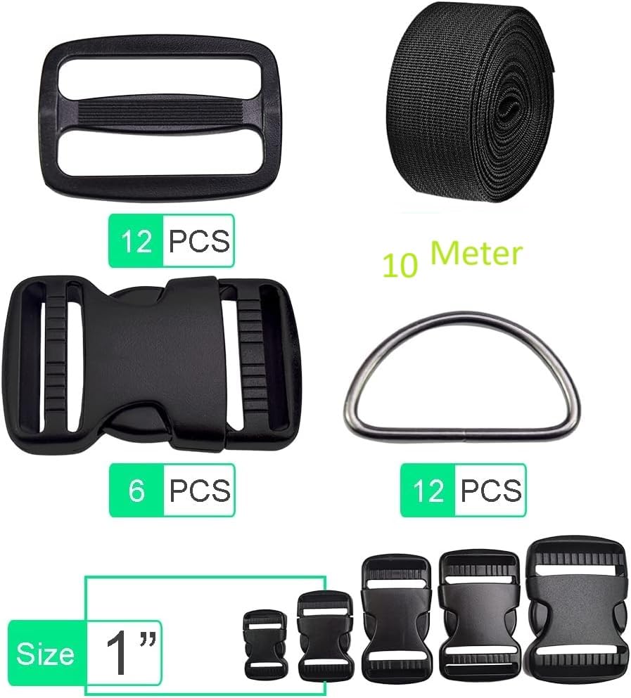 SHOPEE 1 Inch Buckles Straps Set 10 Meter Black Nylon Webbing Strap 6 Pcs Quick Side Release Plastic Buckle Dual Adjustable 12pcs Tri-glide Slide Clip 12 Pcs Metal D Rings 1