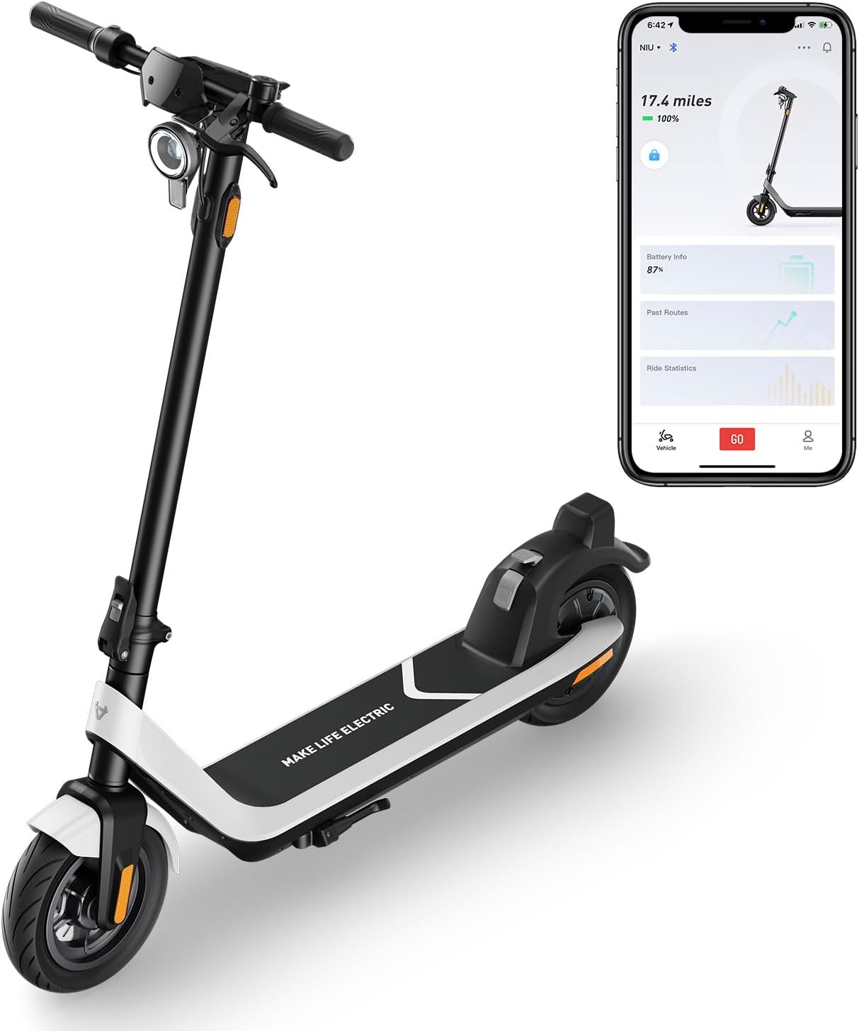 NIU KQi2 Pro Electric Scooter with accompanying smartphone app screen