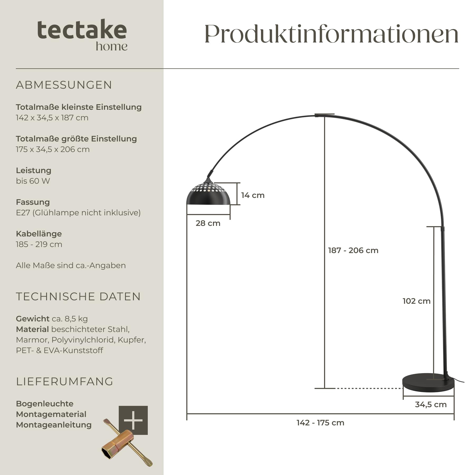 tectake® Bogenleuchte, Bogenlampe, Stehlampe Wohnzimmer, Esszimmerlampe modern, Schirmlampe hängend, Retro Vintage Optik, Lampe Esszimmer, Standleuchte, Standlampe - schwarz